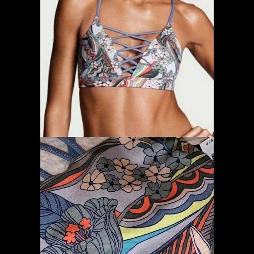 💙34C Victoria’s Secret Pink Light Baby Blue Floral Sports Athletic Gym Fit Bra💙